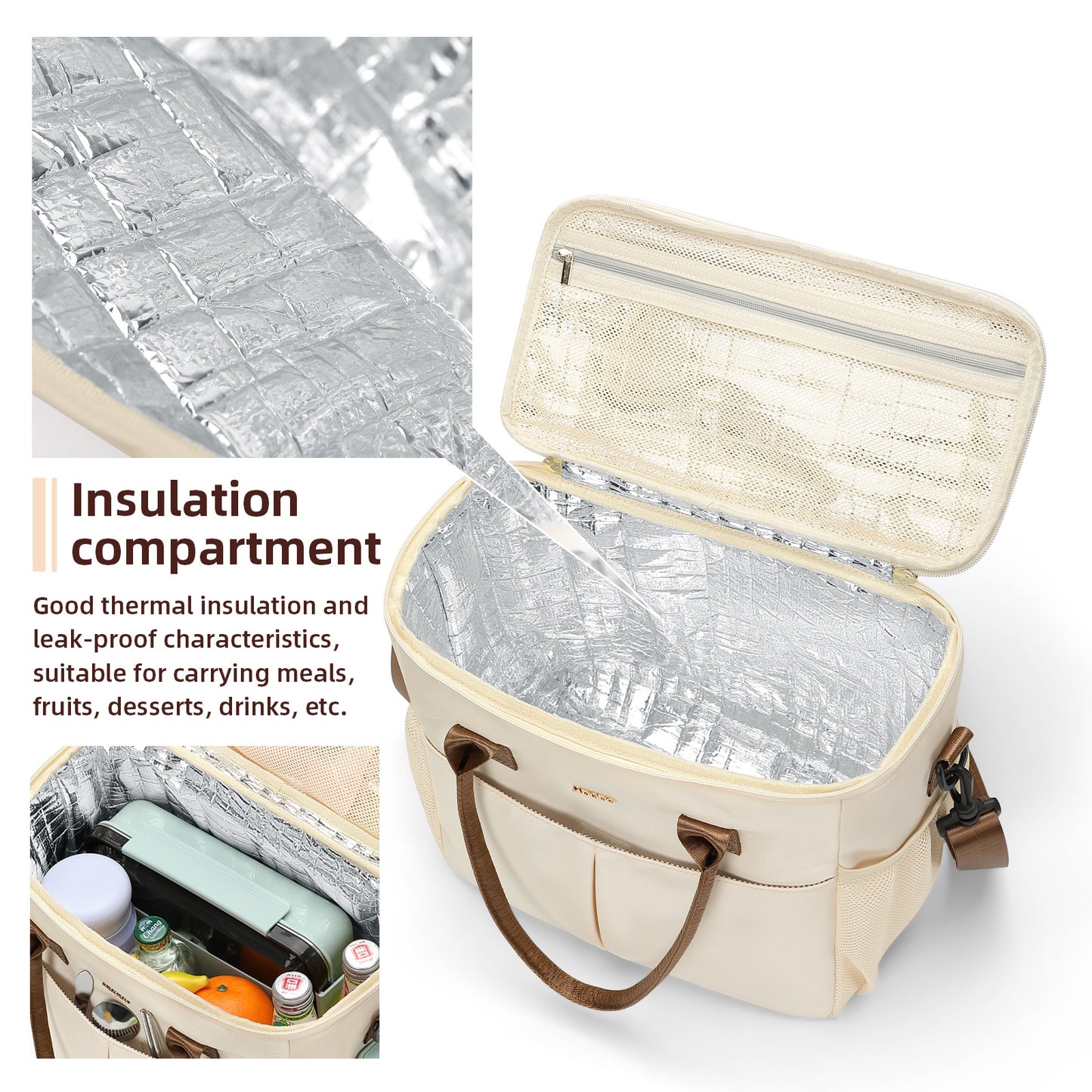 MDODO All-purpose carrying bags Large Insulated Lunch Bags for Women Men Adult Lunch Box with Shoulder Strap for Work,Picnics,Outings (Beige)