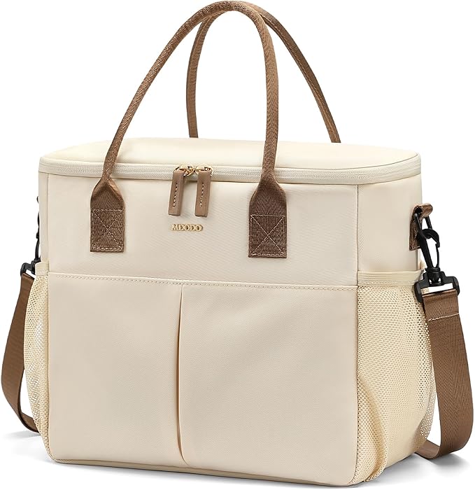 MDODO Lunch Bag Large Insulated Lunch Bags for Women Men Adult Lunch Box with Shoulder Strap for Work,Picnics,Outings (Beige/Black)