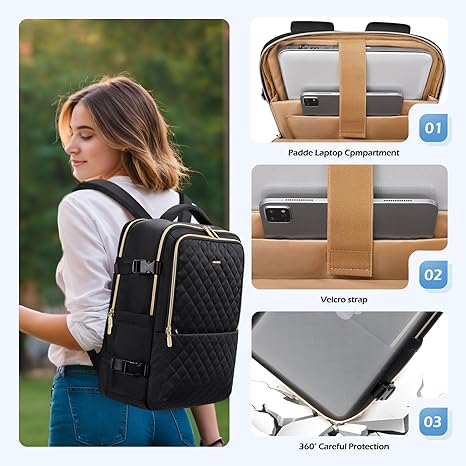 Travel Backpack for Women Men - Large Carry on Backpack fits 15.6" Laptop Lightweight Travel Bag Daypack Waterproof Causal Bookbag Backpack for College,Travel,Work, 24L(Black/Beige)