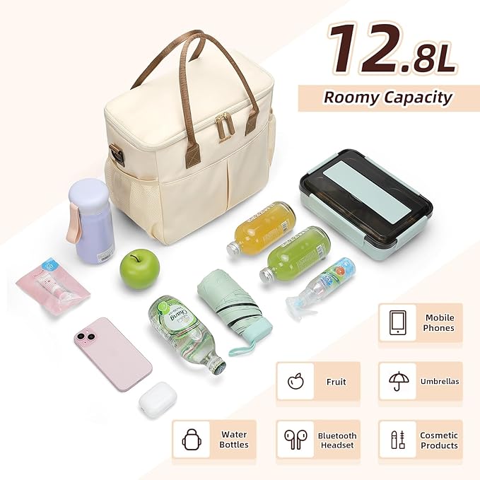 MDODO Lunch Bag Large Insulated Lunch Bags for Women Men Adult Lunch Box with Shoulder Strap for Work,Picnics,Outings (Beige/Black)