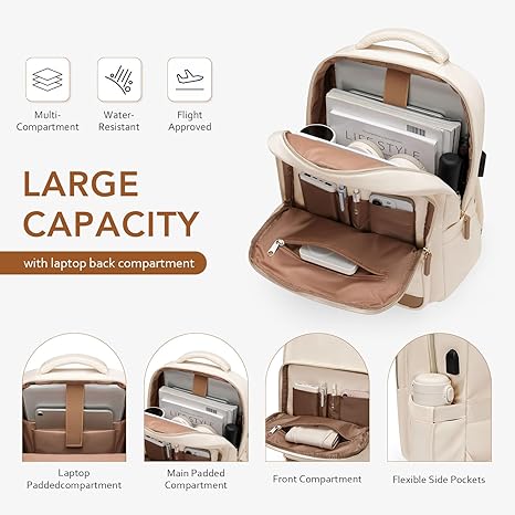 Laptop Backpack for Women,Travel Backpack with Laptop Compartment,Casual Daypack College Bookbag Computer Work Backpack(Beige/Black)