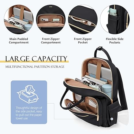Laptop Backpack Women,16Inch Teacher Laptop Bag Backpack with Laptop Compartment Waterproof Carry on Daypack Backpack for Work,College,Travel,Trip,Nurse(Black/Beige)