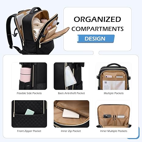 Travel Backpack for Women Men - Large Carry on Backpack fits 15.6" Laptop Lightweight Travel Bag Daypack Waterproof Causal Bookbag Backpack for College,Travel,Work, 24L(Black/Beige)