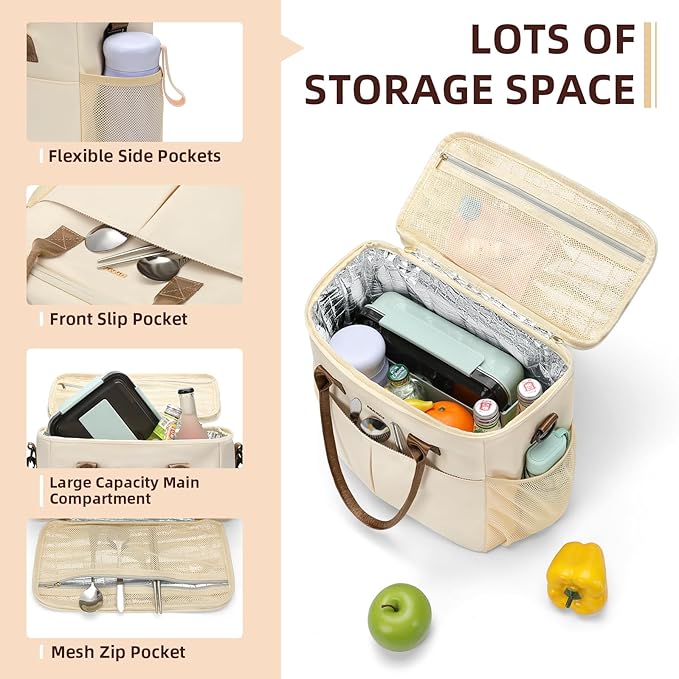 MDODO Lunch Bag Large Insulated Lunch Bags for Women Men Adult Lunch Box with Shoulder Strap for Work,Picnics,Outings (Beige/Black)