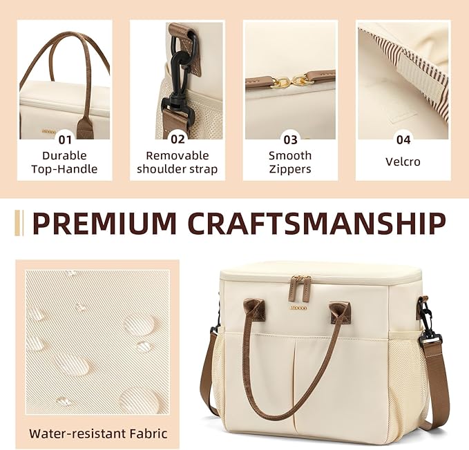 MDODO Lunch Bag Large Insulated Lunch Bags for Women Men Adult Lunch Box with Shoulder Strap for Work,Picnics,Outings (Beige/Black)