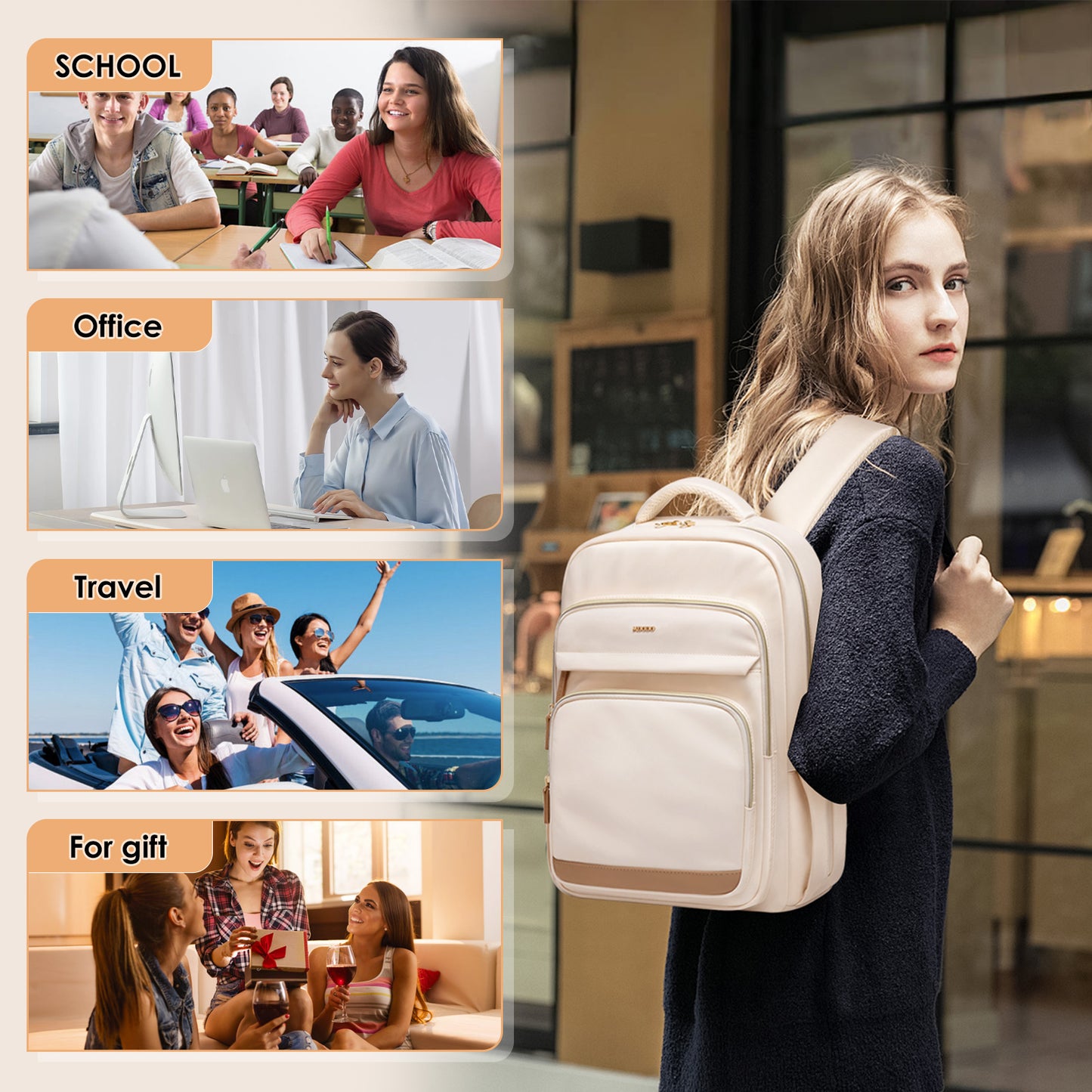 MDODO Laptop Backpack for Women,Travel Backpack with Laptop Compartment( Beige/Black)