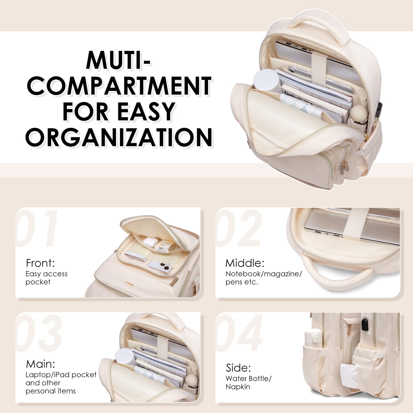 MDODO Laptop Backpack for Women,Travel Backpack with Laptop Compartment( Beige/Black)