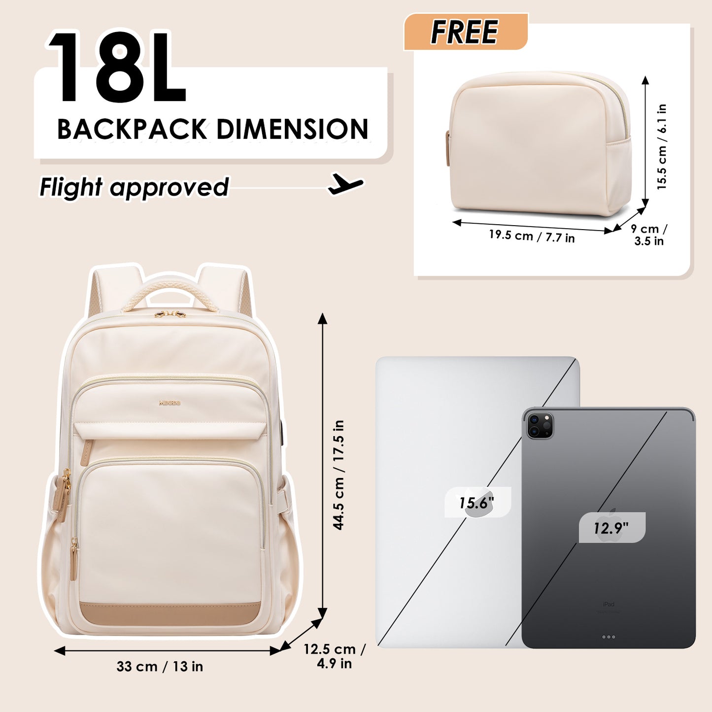 MDODO Laptop Backpack for Women,Travel Backpack with Laptop Compartment( Beige/Black)
