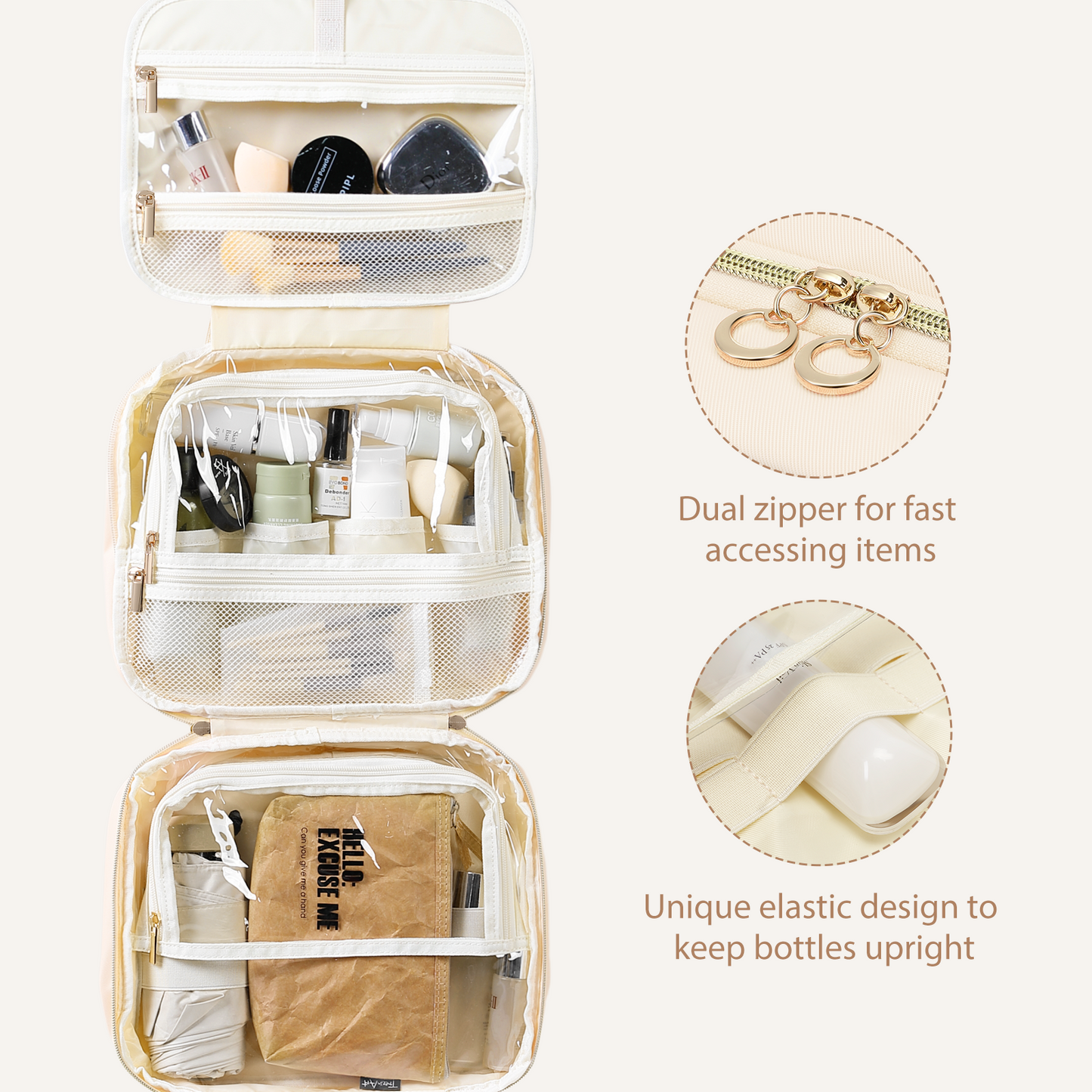 MDODO Travel Toiletry Makeup Bag for Women(Beige/Black/Pink)