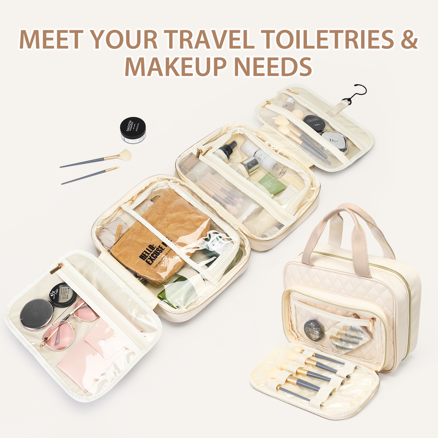 MDODO Travel Toiletry Makeup Bag for Women(Beige/Black/Pink)