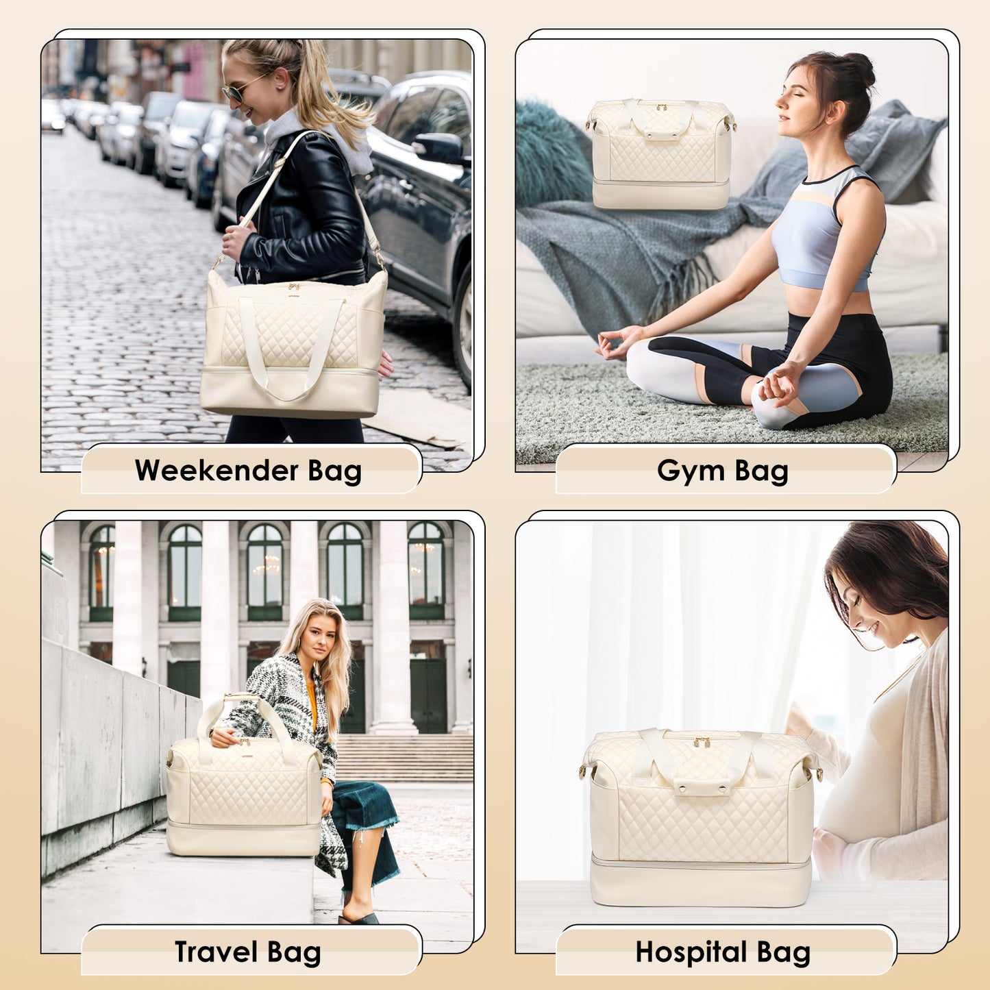 MDODO Weekender Tote Bags for Women with Wet Pocket and Shoes Compartment(Beige/Black)