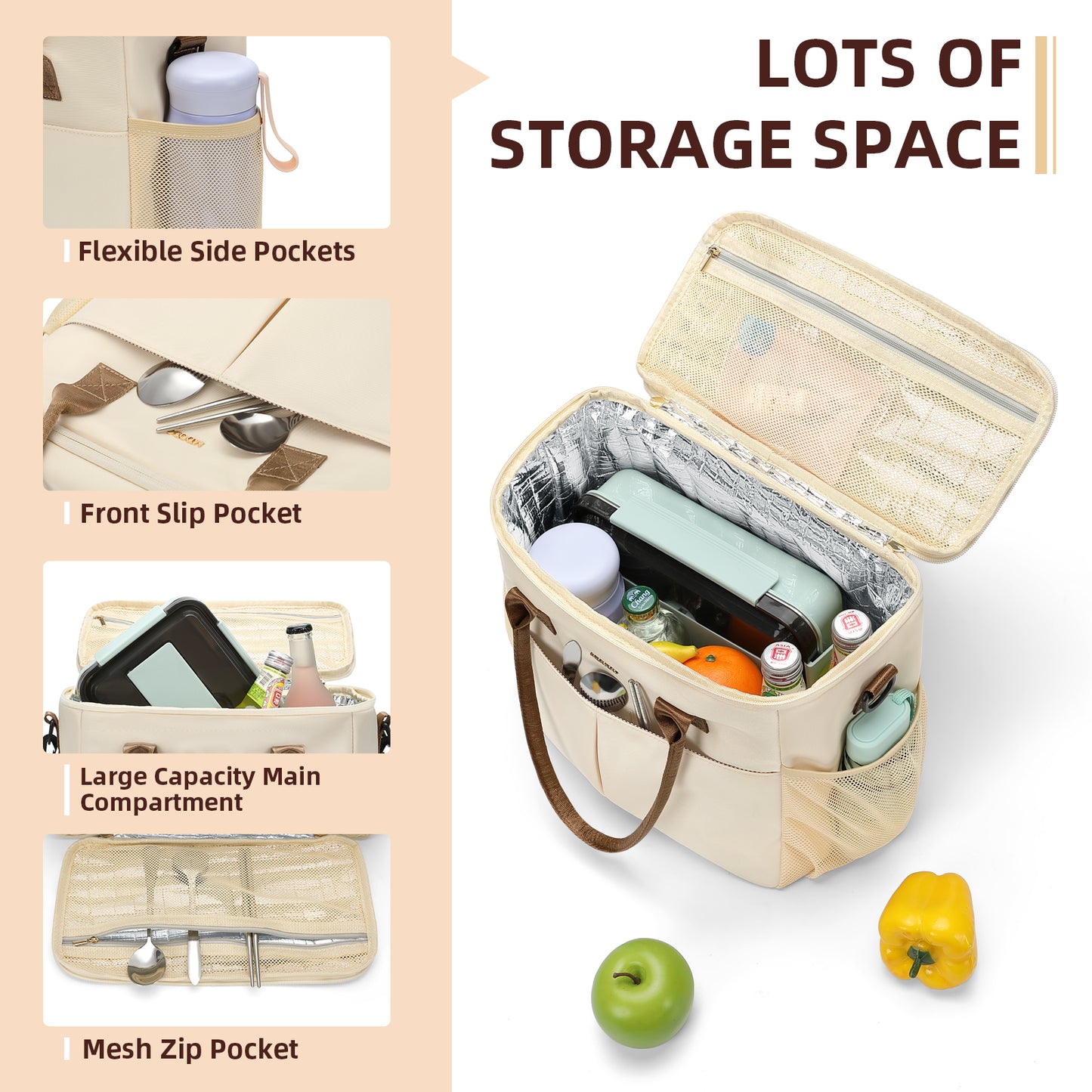 MDODO All-purpose carrying bags Large Insulated Lunch Bags for Women Men Adult Lunch Box with Shoulder Strap for Work,Picnics,Outings (Beige)