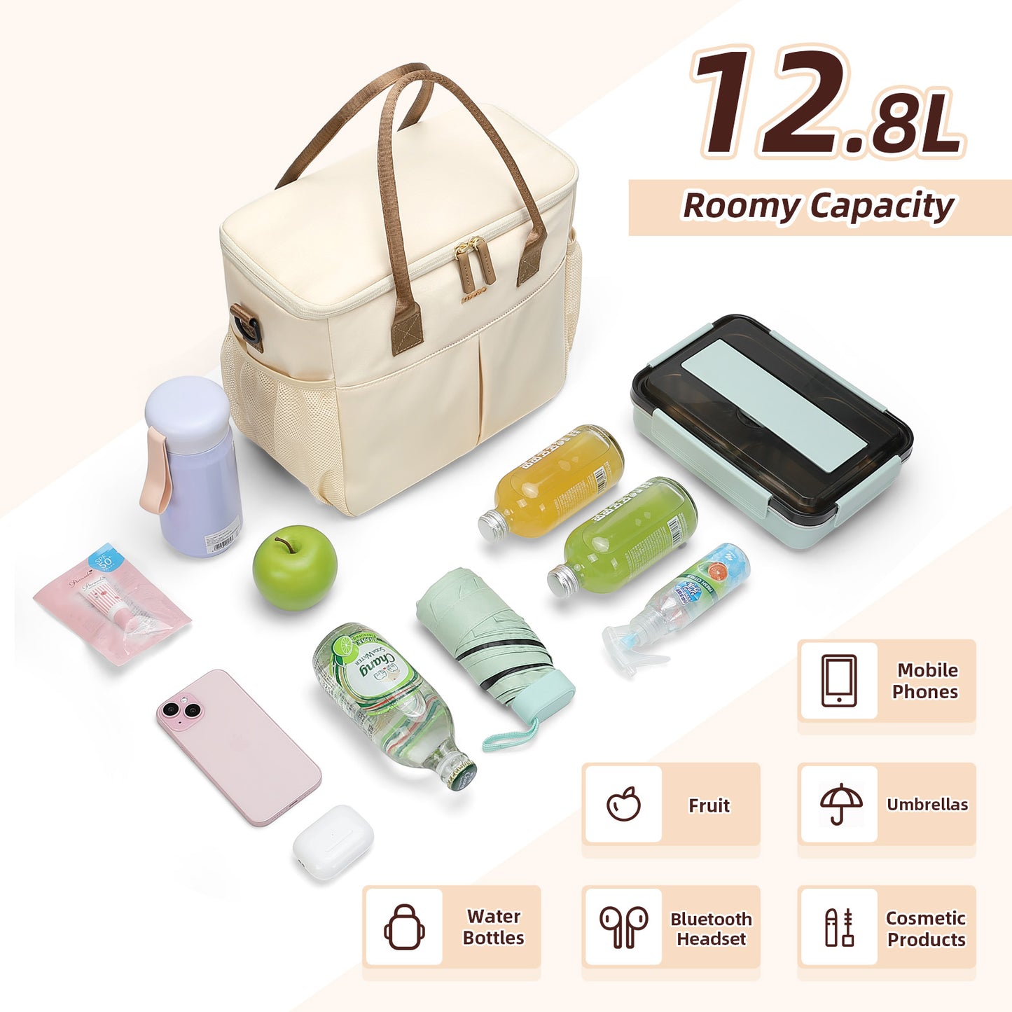 MDODO All-purpose carrying bags Large Insulated Lunch Bags for Women Men Adult Lunch Box with Shoulder Strap for Work,Picnics,Outings (Beige)