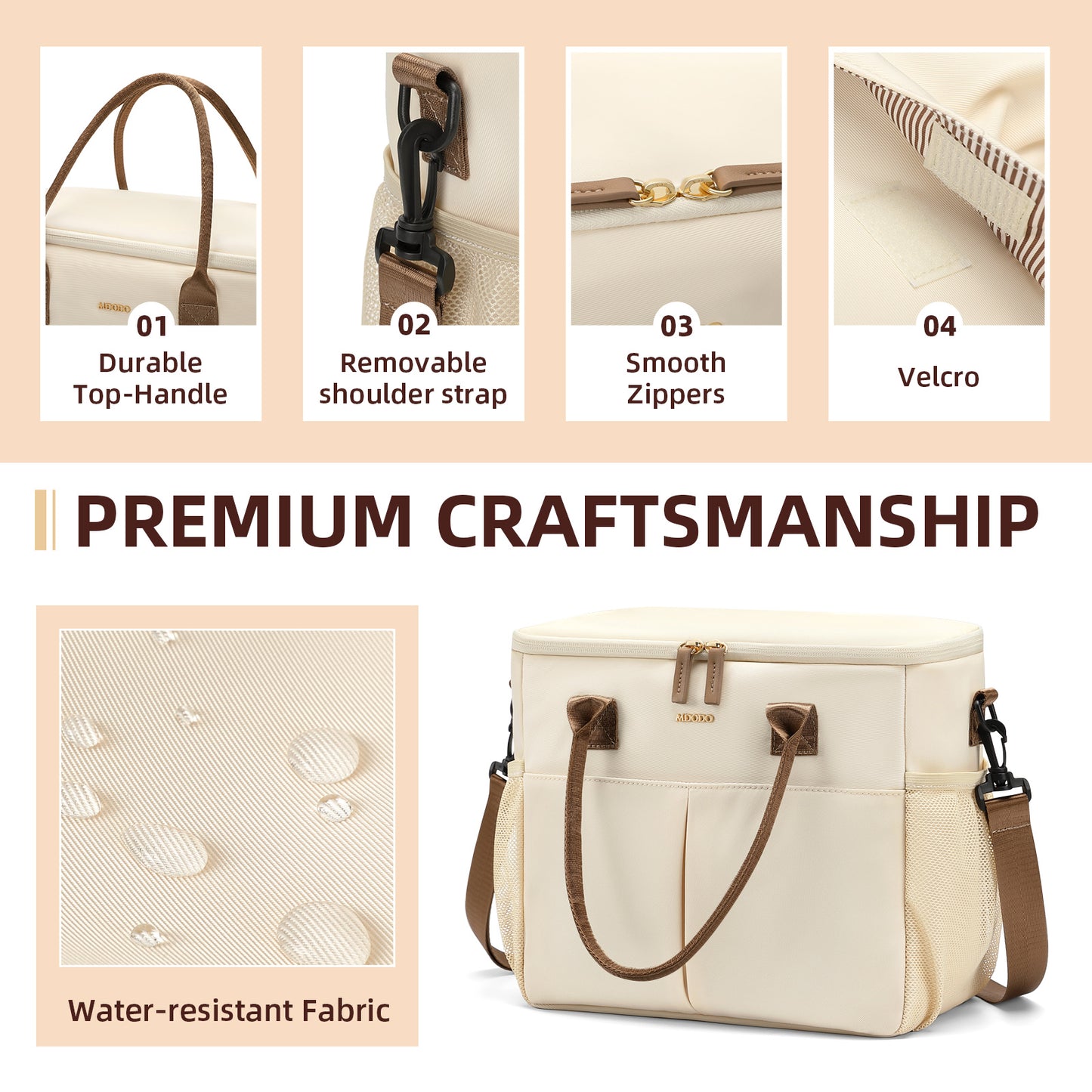 MDODO All-purpose carrying bags Large Insulated Lunch Bags for Women Men Adult Lunch Box with Shoulder Strap for Work,Picnics,Outings (Beige)