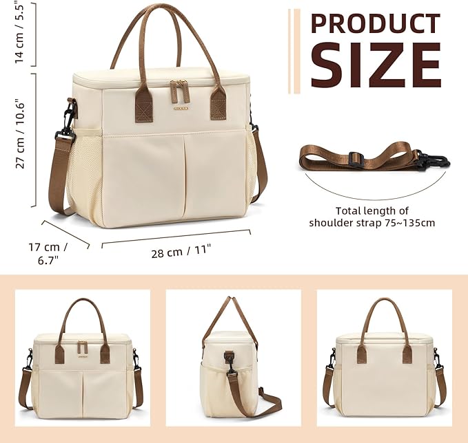 Lunch Bag Large Insulated Lunch Bags for Women Men Adult Lunch Box with Shoulder Strap for Work,Picnics,Outings (Beige/Black)
