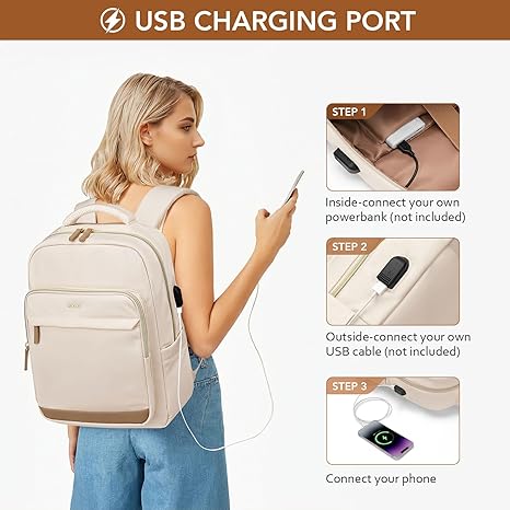 Laptop Backpack for Women,Travel Backpack with Laptop Compartment,Casual Daypack College Bookbag Computer Work Backpack(Beige/Black)