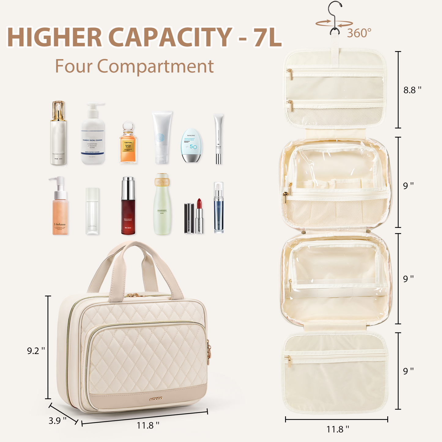MDODO Travel Toiletry Makeup Bag for Women（Beige/Black/Pink）