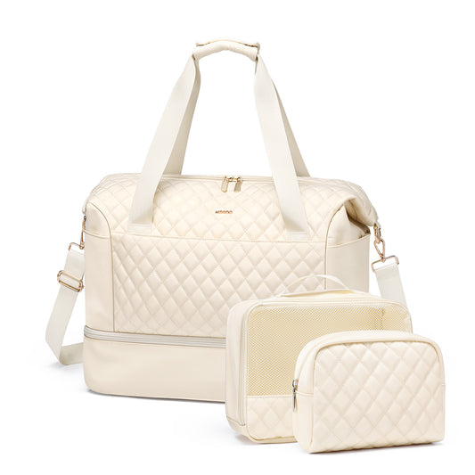 MDODO Weekender Tote Bags for Women with Wet Pocket and Shoes Compartment（Beige/Black）